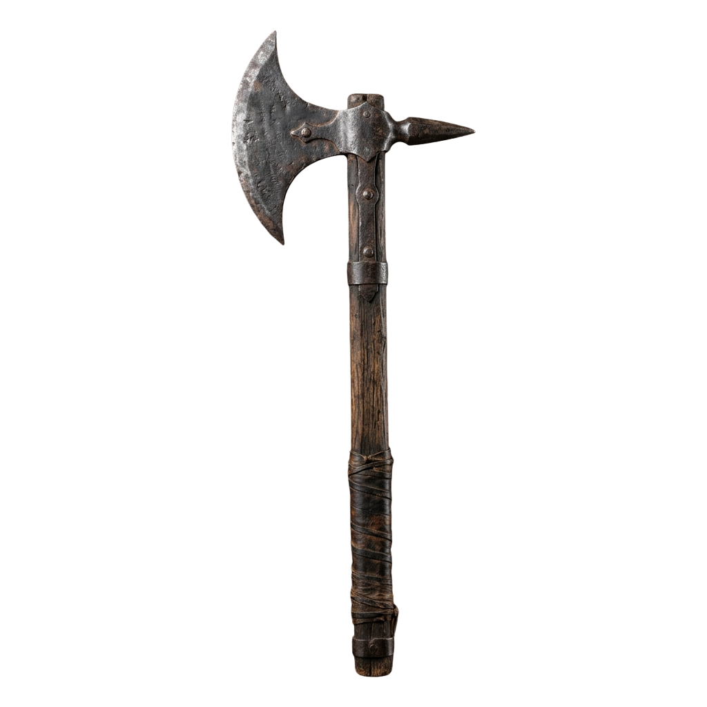 A double-bitted axe with a wooden handle, likely from the Viking era, displayed against a dark background.