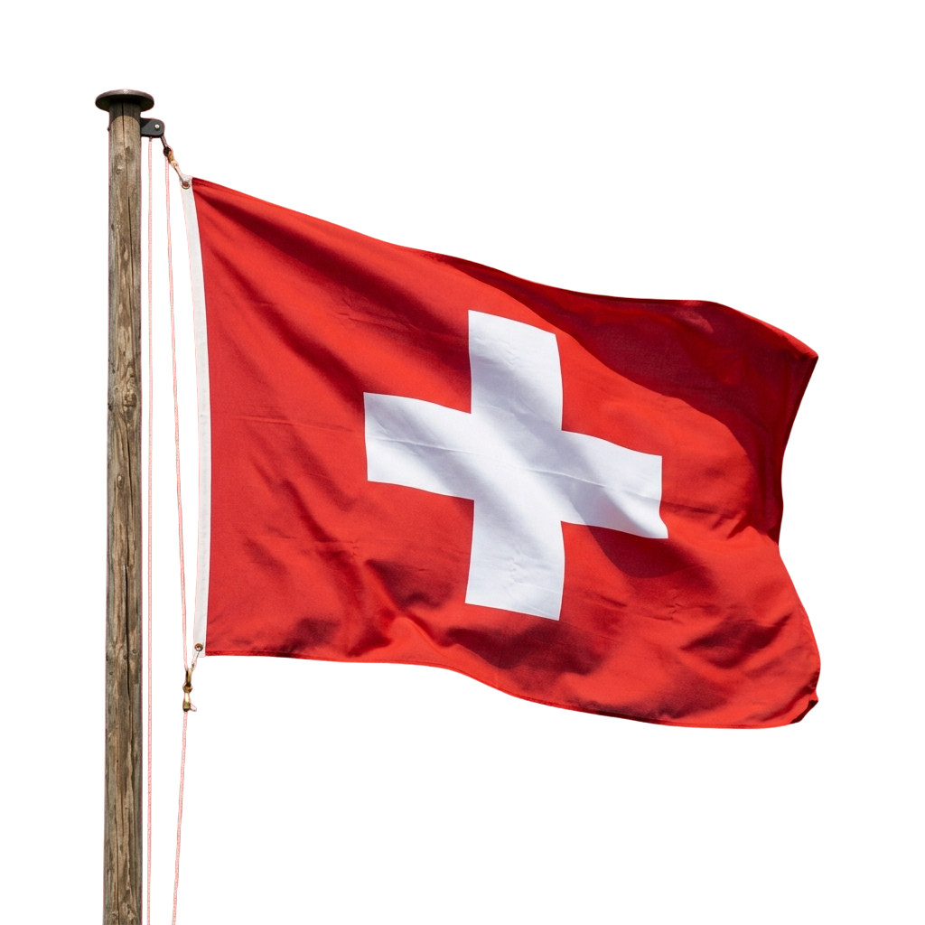 Swiss national flag with a white cross on a red background waving against a dark night sky