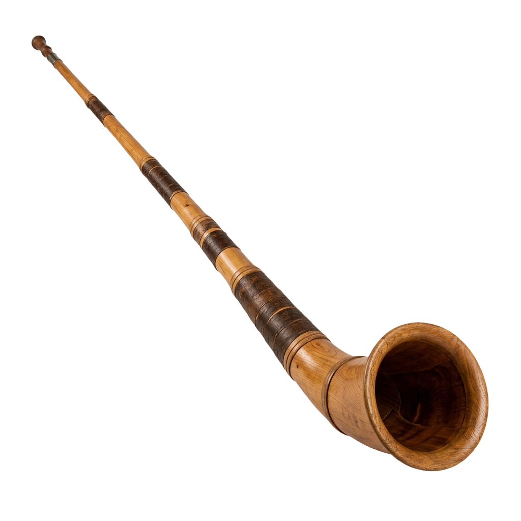 A long wooden horn instrument with a flared bell and dark bands around the shaft