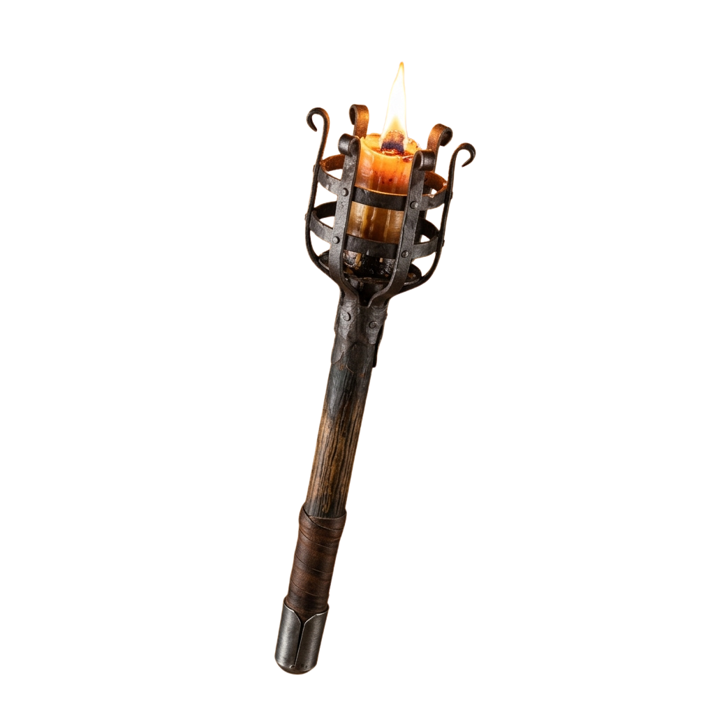 A lit torch with a decorative metal holder emitting a bright flame against a dark background