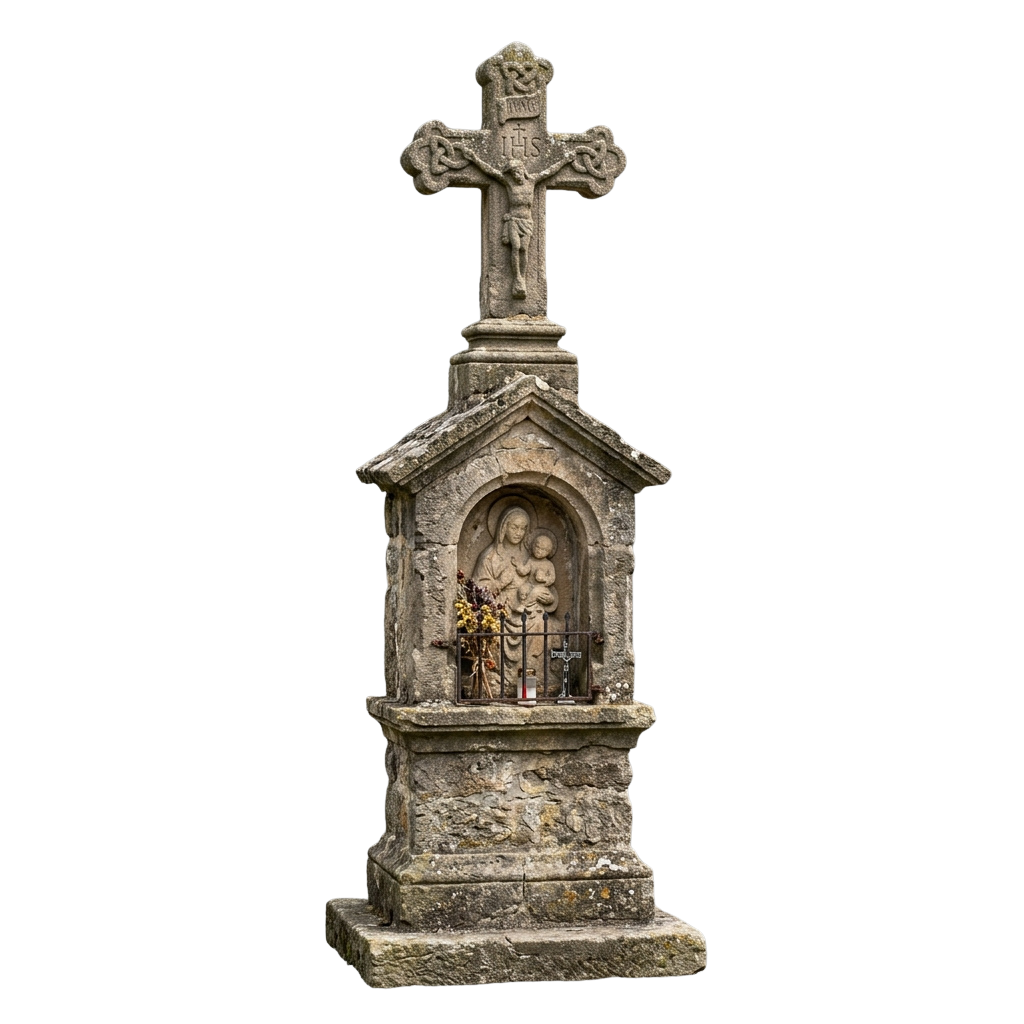 Old stone crucifix statue featuring carved religious figures including Jesus on the cross and Mary holding baby Jesus below