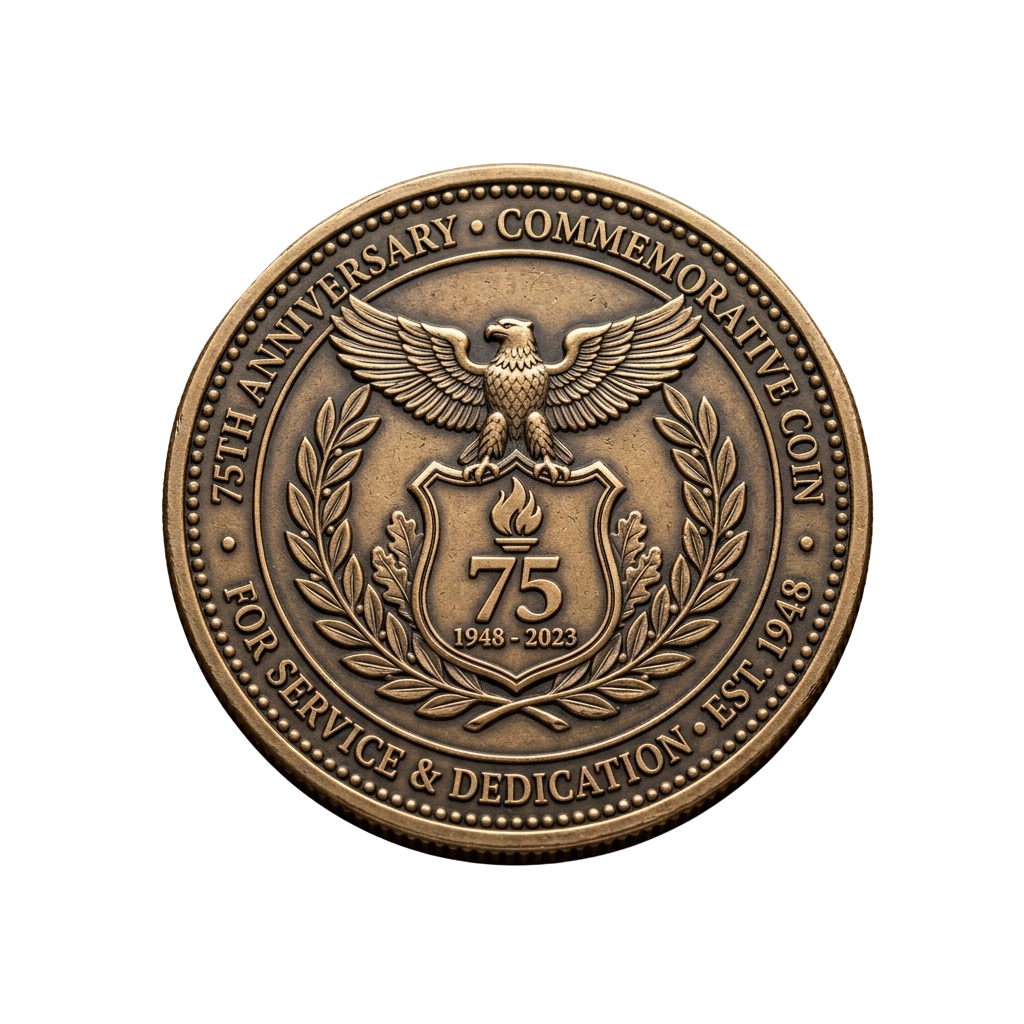 A 75th anniversary commemorative coin featuring an eagle, laurel wreath, and torch with years 1948-2023.