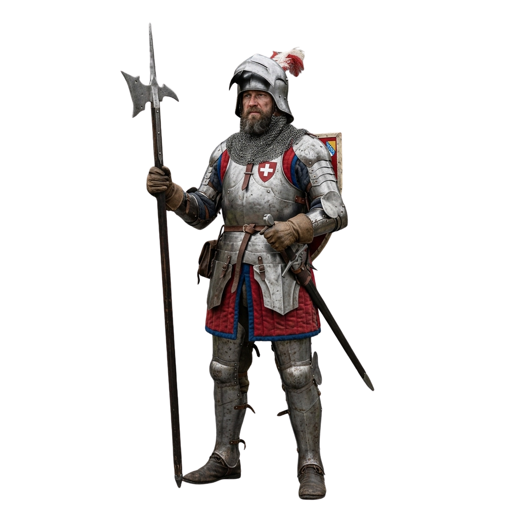 A knight in full medieval armor holding a poleaxe and shield with a white cross emblem