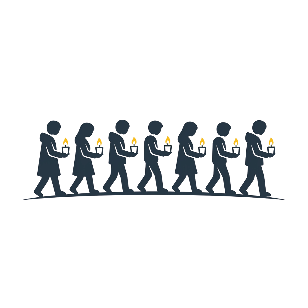 Silhouettes of people walking in a line, each holding a lit torch.