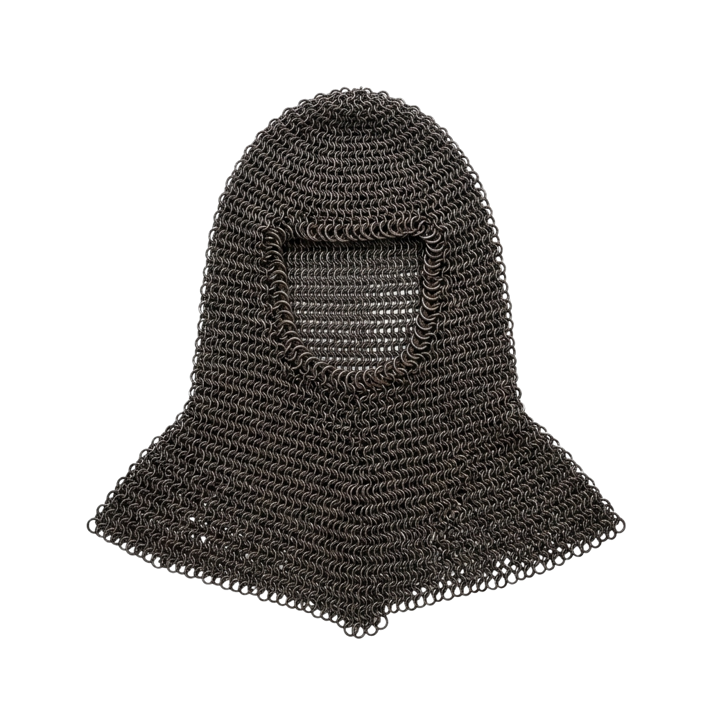 A detailed view of a chainmail coif covering the head and neck, resembling historical armor.