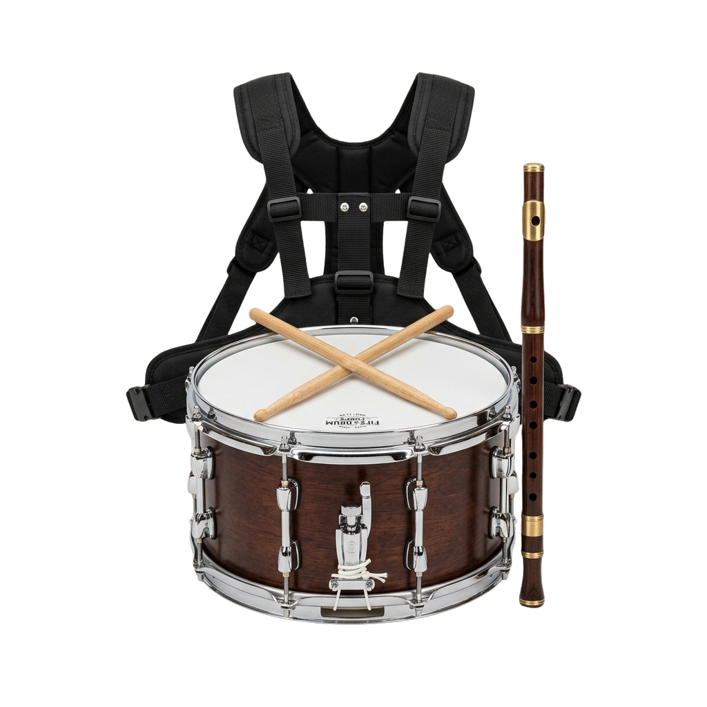 A snare drum with drumsticks placed on top, a wooden percussion instrument, and a black backpack for carrying them