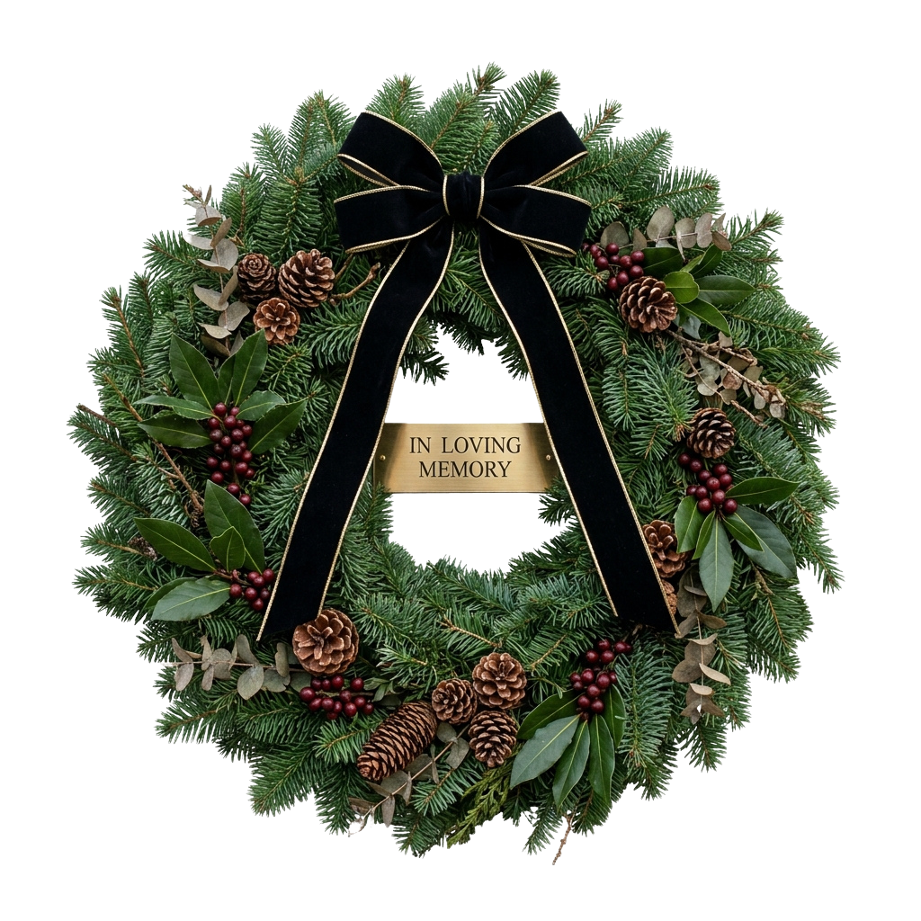 A circular memorial wreath made of greenery, pine cones, and berries with a black velvet ribbon and gold plaque reading In Loving Memory