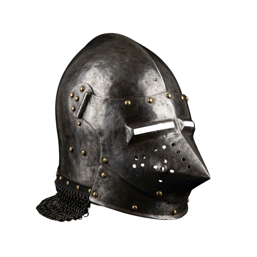 A detailed view of an old-fashioned steel helmet with a pointed nose guard and chainmail neck protection.