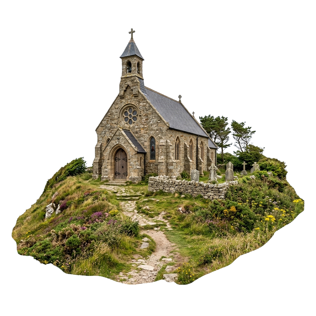 A picturesque stone church with a small tower, cross, and arched doorway surrounded by a lush, green cemetery on a hillside.