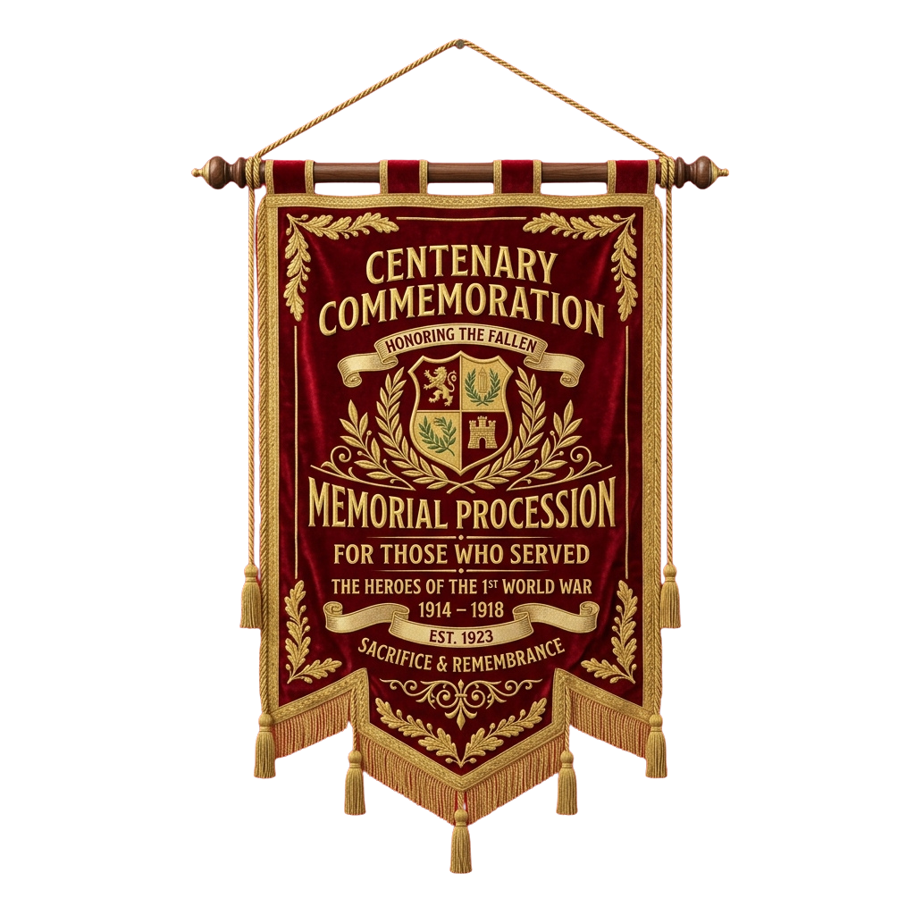 Red velvet banner commemorating WWI heroes with gold embroidery and tassels.