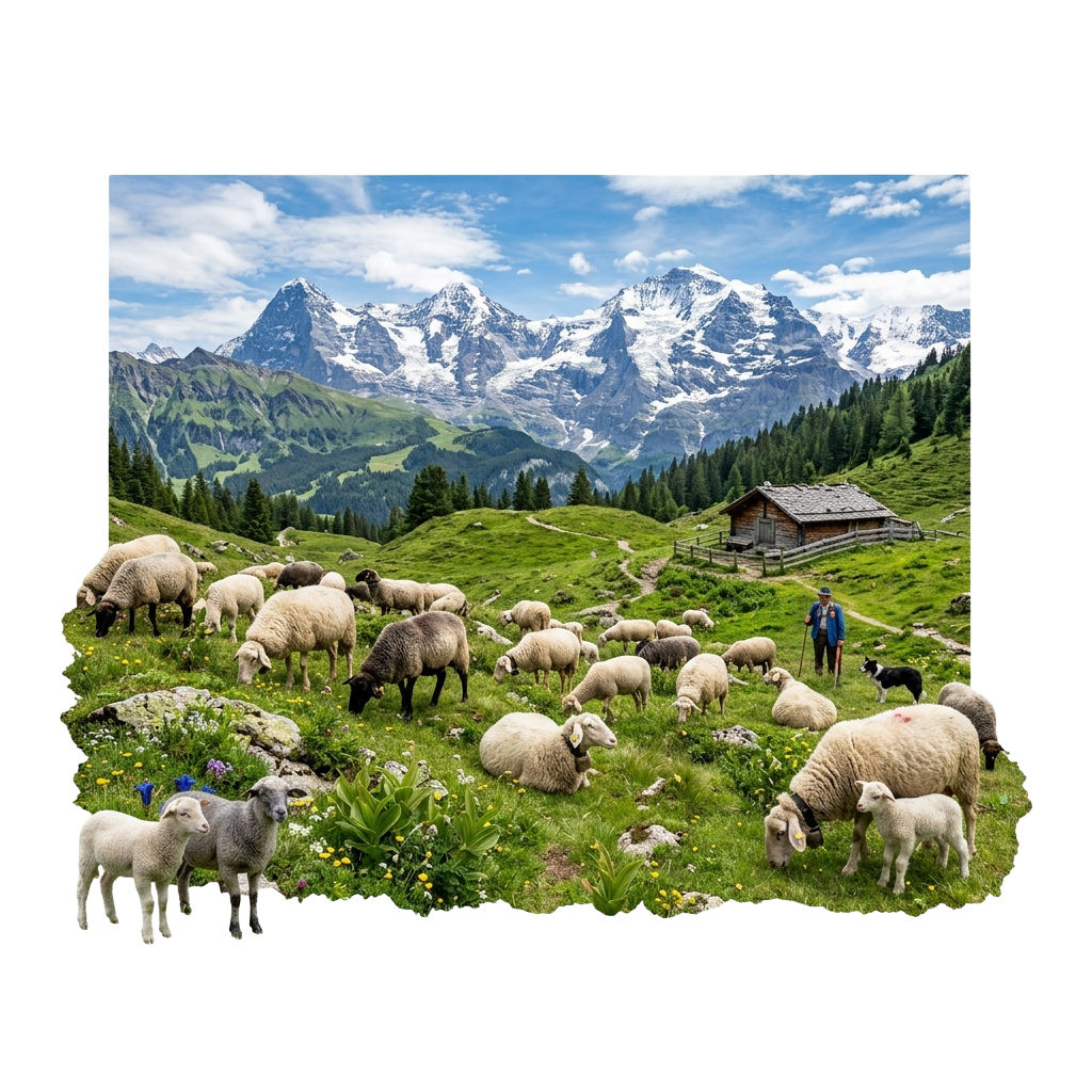 Shepherd with sheep grazing in a lush green meadow with snow-capped mountains in the background