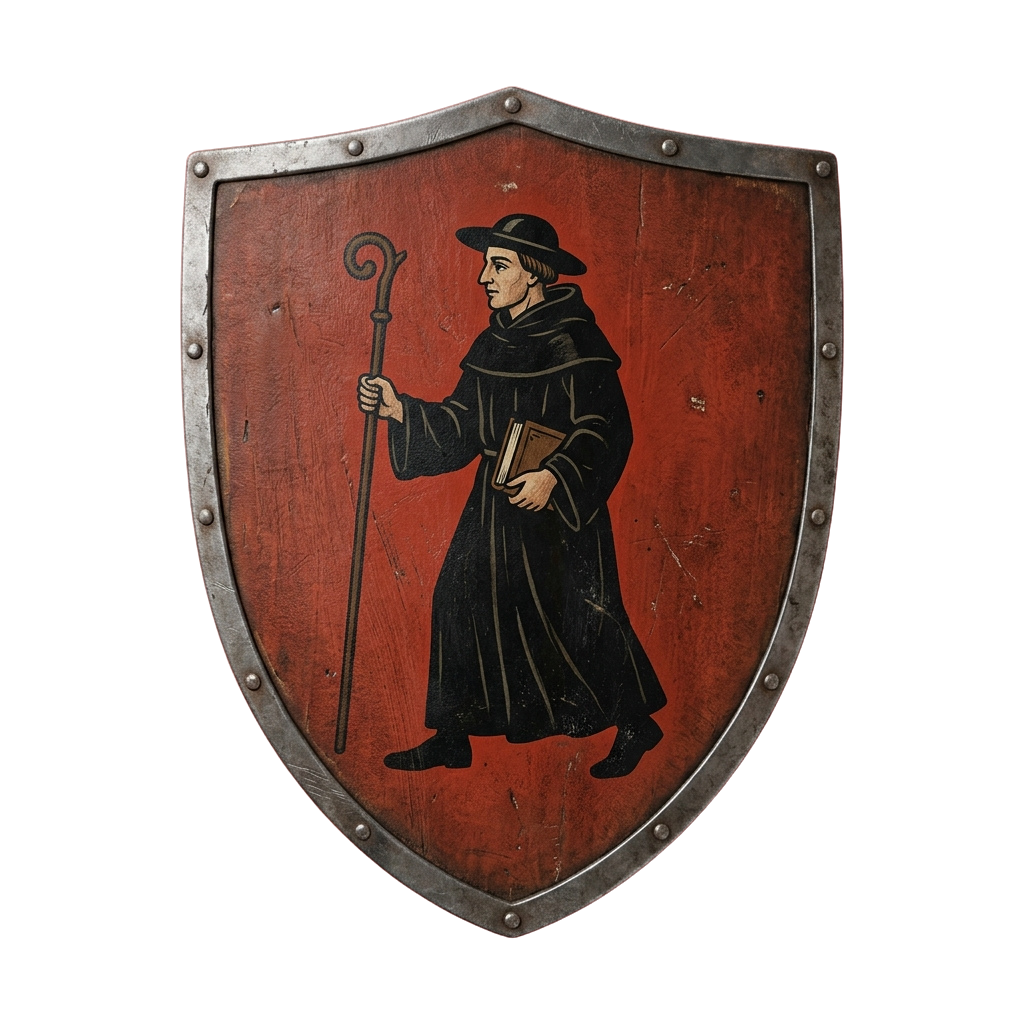 Illustration of a monk holding a book and staff on a red shield with metal edges