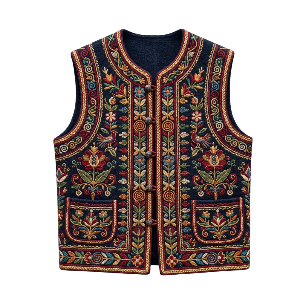 Vibrant embroidered vest featuring intricate floral and geometric designs in rich colors on navy background