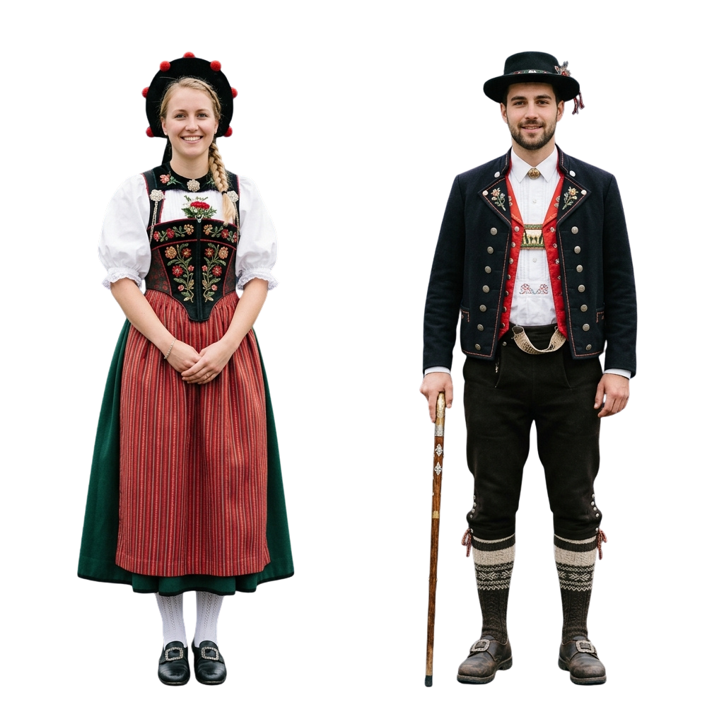 A woman and man wearing traditional Alpine folk costumes, smiling at the camera