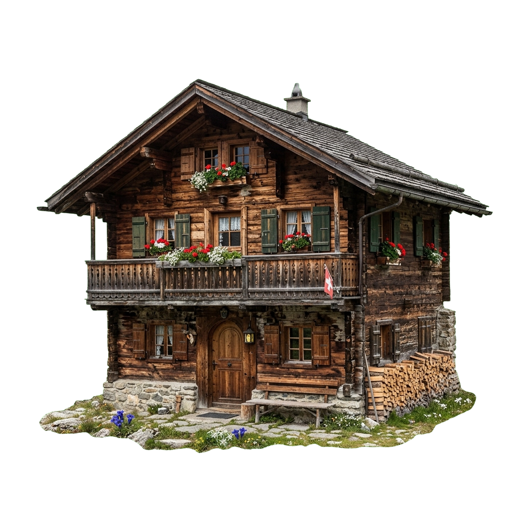 A picturesque wooden alpine chalet with flower boxes and a stone foundation