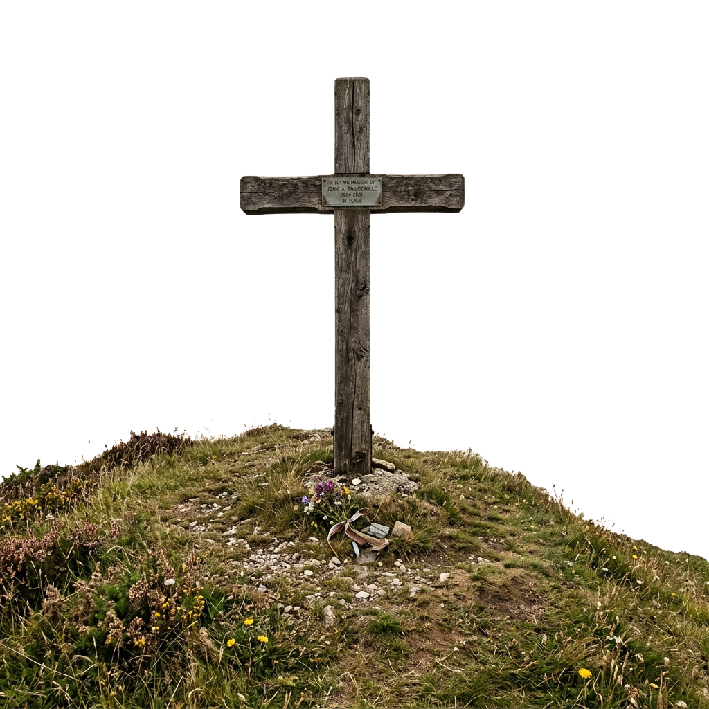 A weathered wooden cross standing on a grassy hillside with scattered wildflowers and a dark sky background