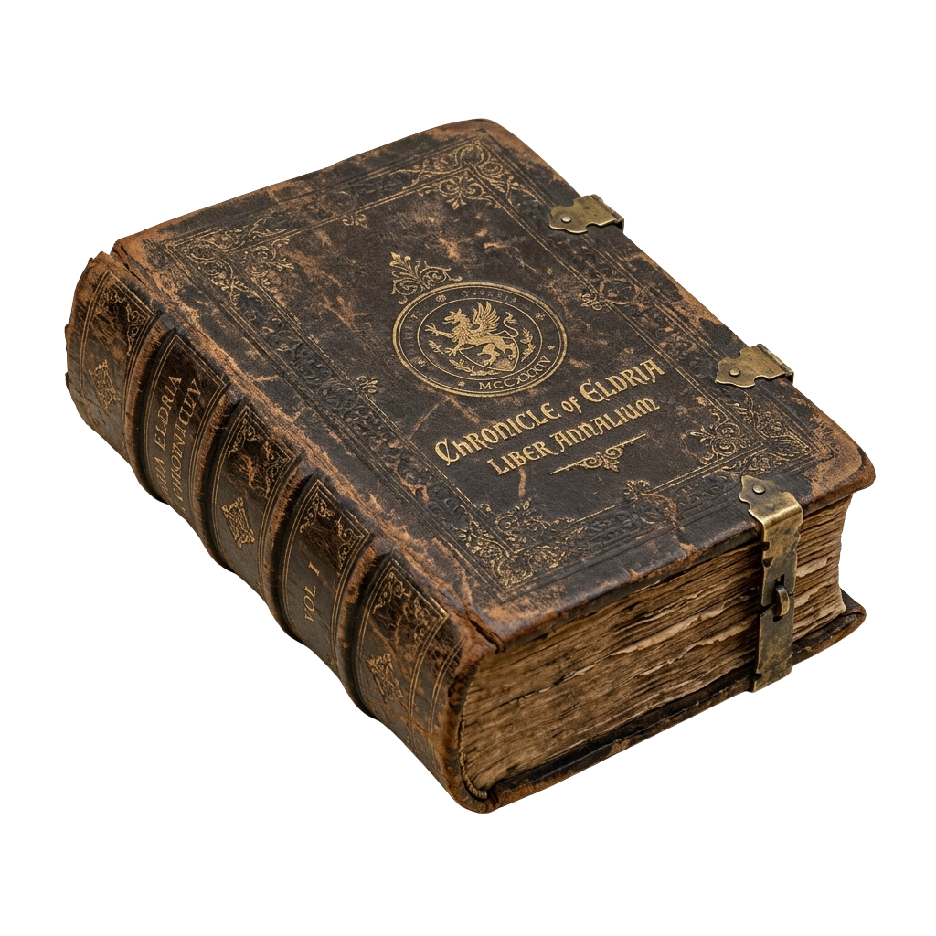 Old leather-bound book with ornate designs and a brass clasp, labeled Chronicle of Eldritch Liber Annalium