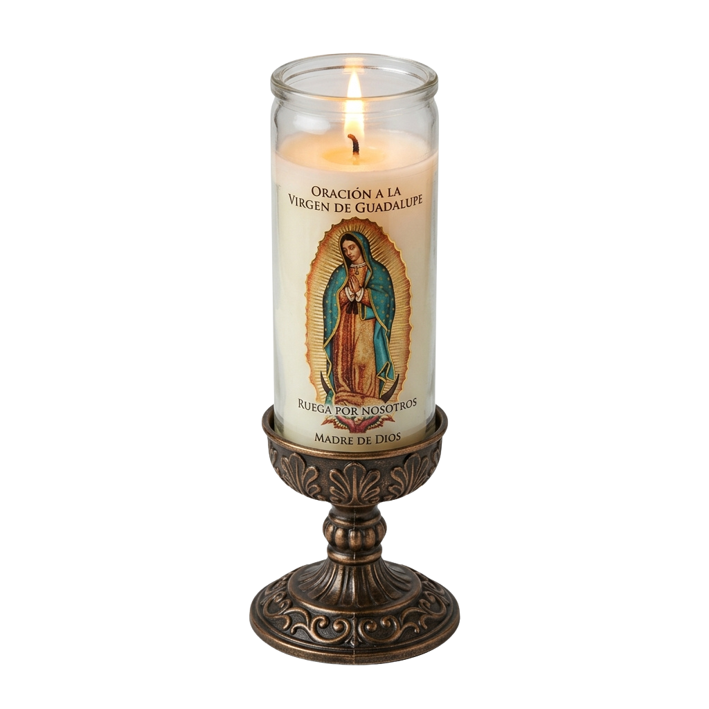 A lit candle in a decorative holder with an image of the Virgin of Guadalupe and a prayer inscription