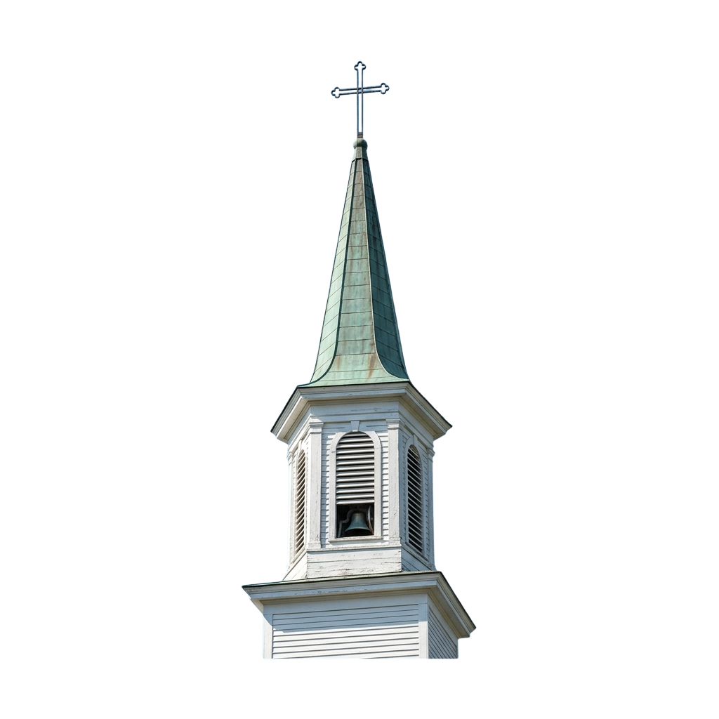 A white church steeple with a pointed roof and cross at the top, featuring louvered openings below the spire.