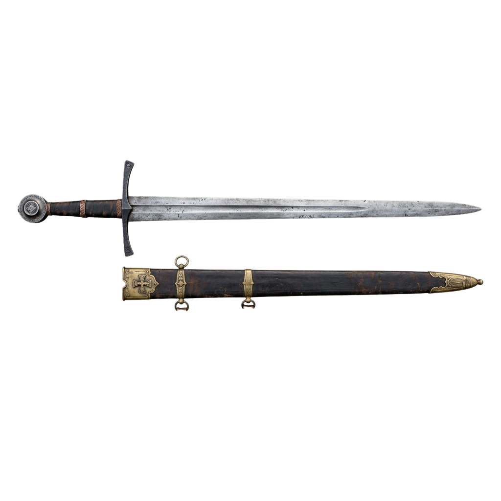An antique sword with a long, slightly curved blade and an intricately decorated scabbard featuring gold accents and a decorative pommel.
