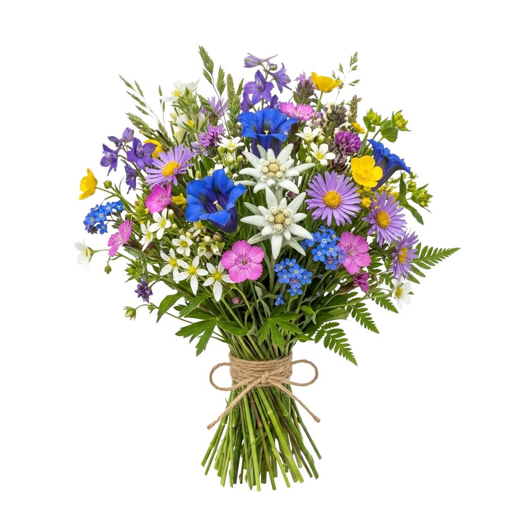 A vibrant bouquet of wildflowers tied with twine, featuring blue, yellow, pink, and white blooms.