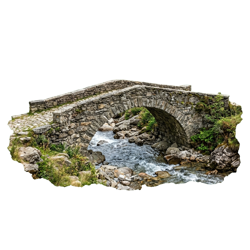 A picturesque stone bridge arching over a flowing stream surrounded by greenery and rocks