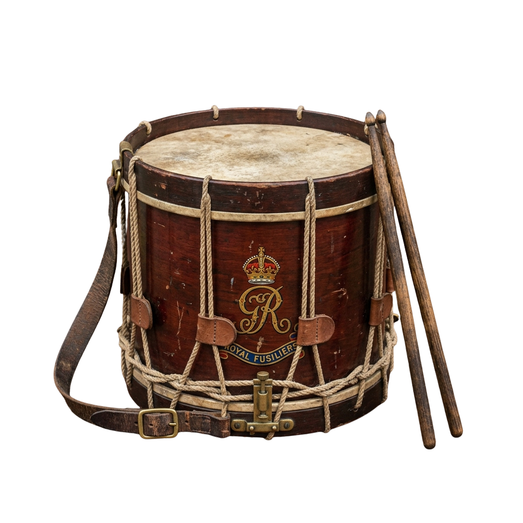 Old wooden snare drum with royal crown emblem and leather straps