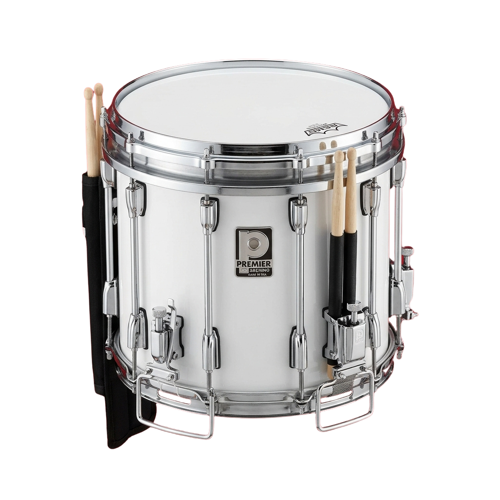 White marching snare drum with drumsticks and a stand, shown against a black background
