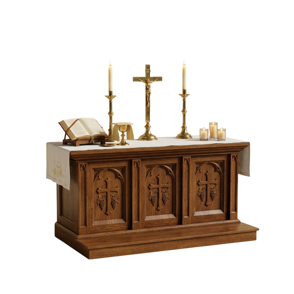 Wooden altar table with carved crosses, candles, a crucifix, chalice, and open Bible on a white cloth