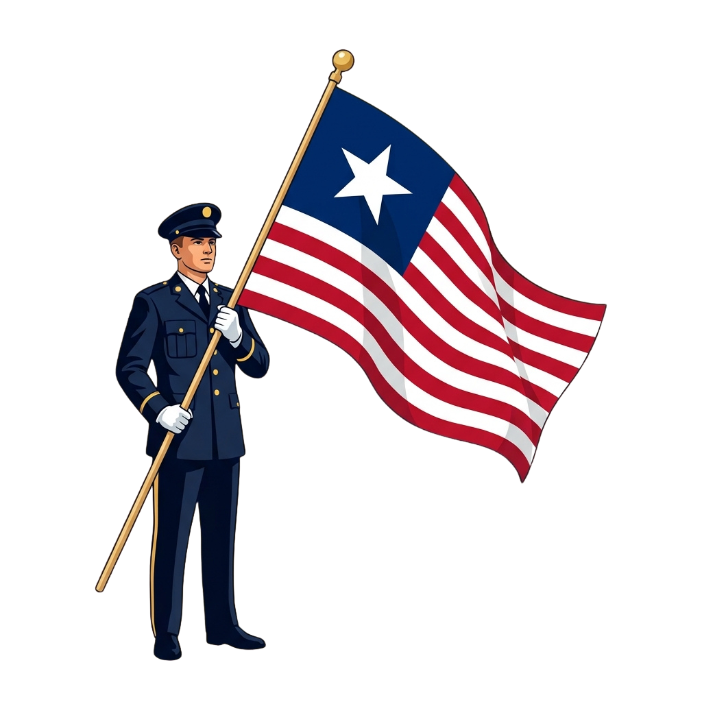 Military uniformed person saluting while holding a flag with blue field and white star, red and white stripes