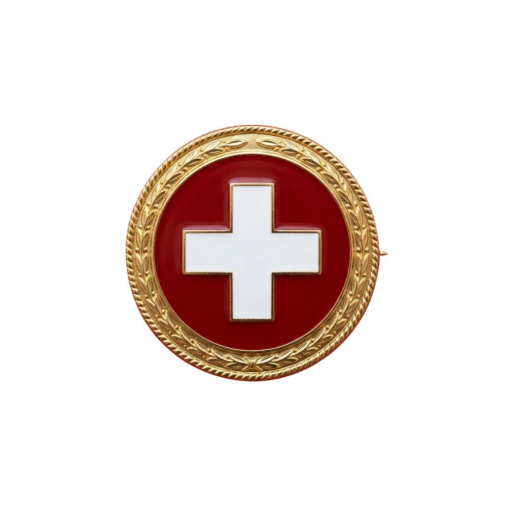 A round button featuring a white cross on a red background with a gold decorative border