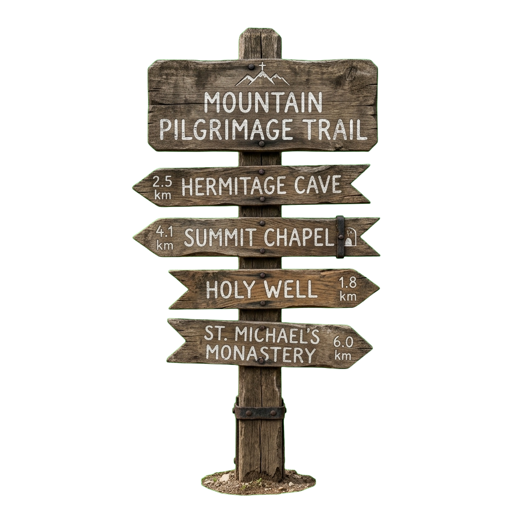 Wooden signpost showing directions to pilgrimage trail locations with distances in kilometers