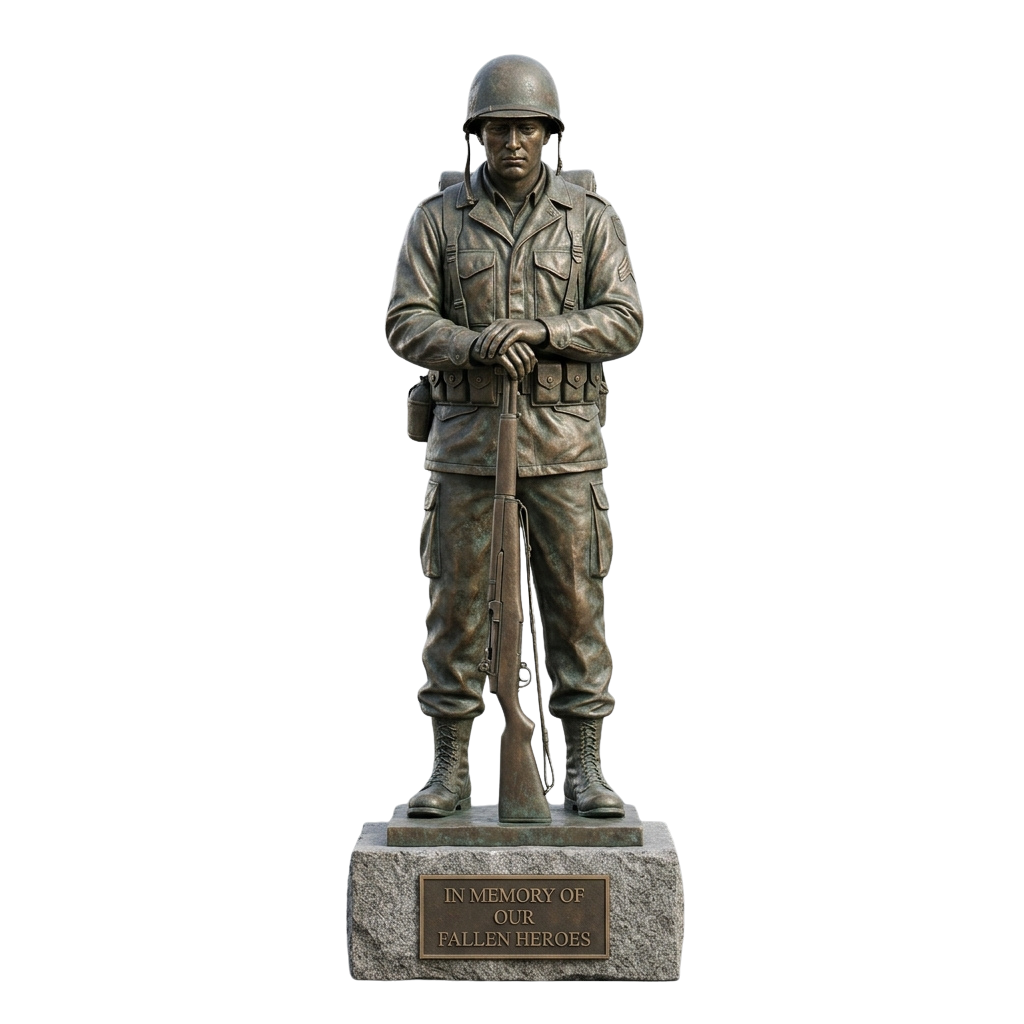 Bronze statue of a soldier in uniform holding a rifle, standing on a stone pedestal with an inscription.