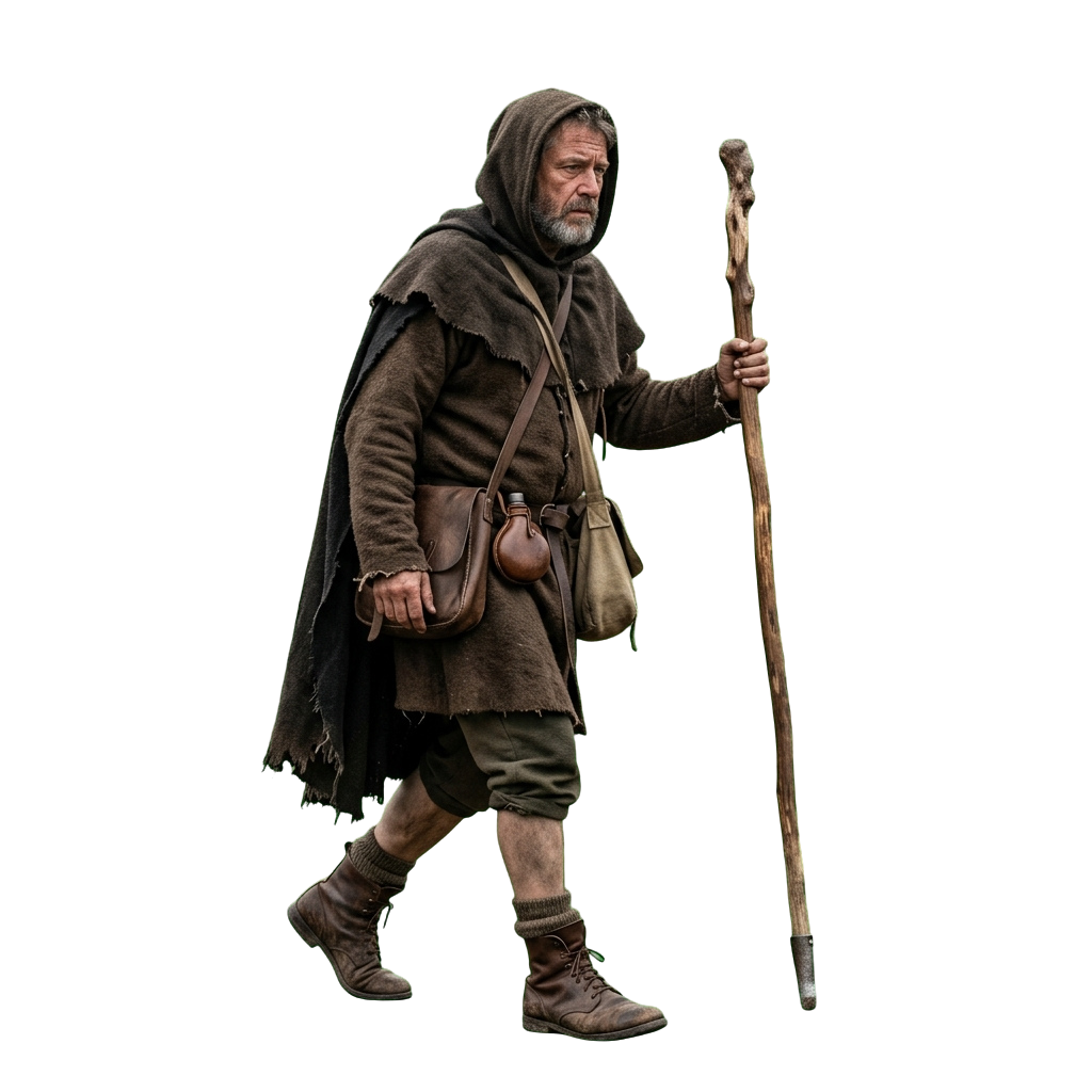 A person dressed in medieval-style clothing walking with a wooden staff and carrying a pouch.