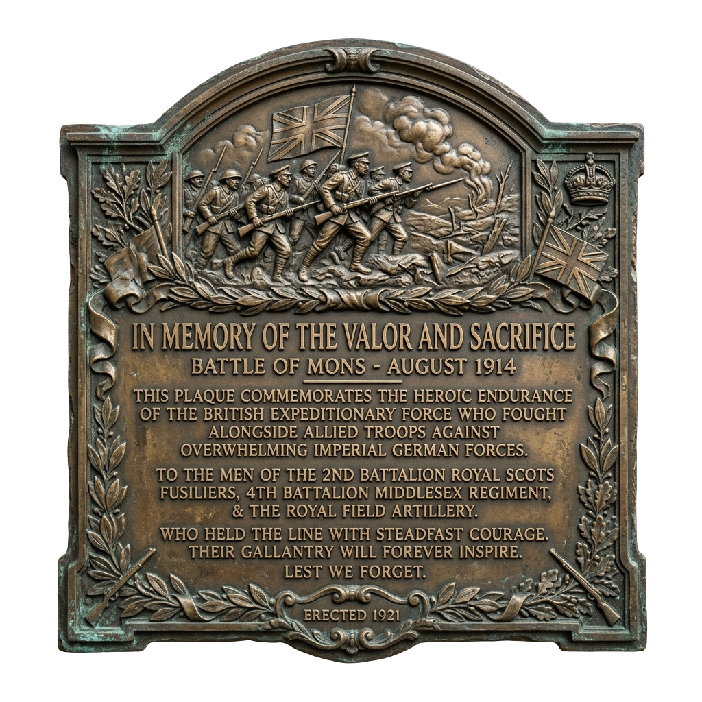 Bronze plaque commemorating the Battle of Mons in August 1914 with soldiers depicted in relief and text honoring valor and sacrifice.