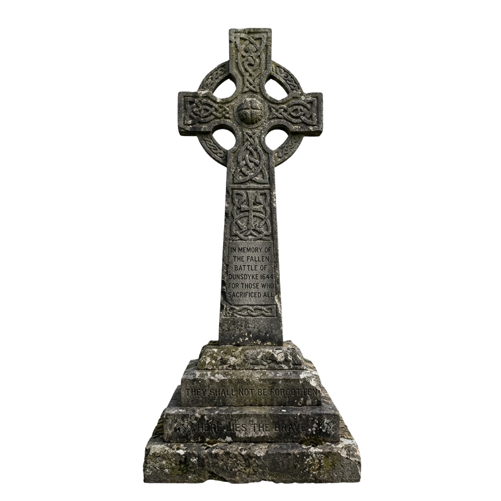 A Celtic cross memorial stone commemorating fallen soldiers from the Battle of Dunse Dye in 1644
