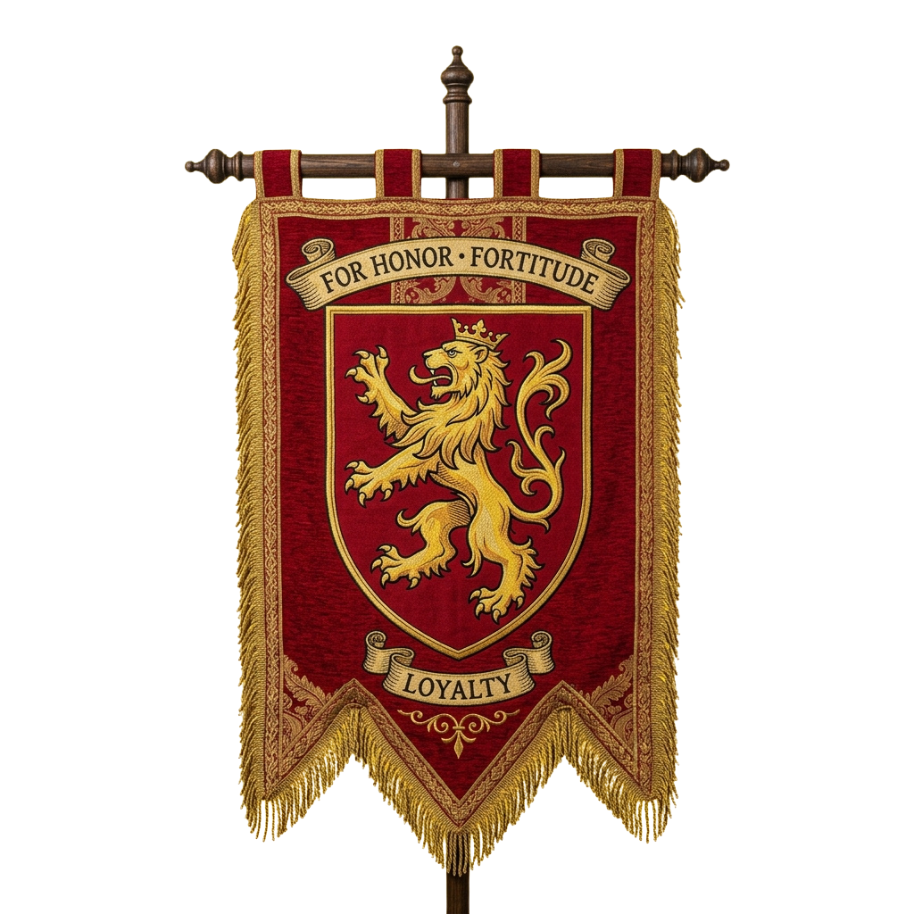 A red banner featuring a golden lion crest with the words For Honor Fortitude and Loyalty displayed above and below the shield.