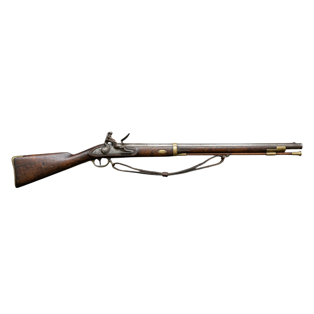 An antique flintlock musket with wooden stock and brass fittings displayed against a black background