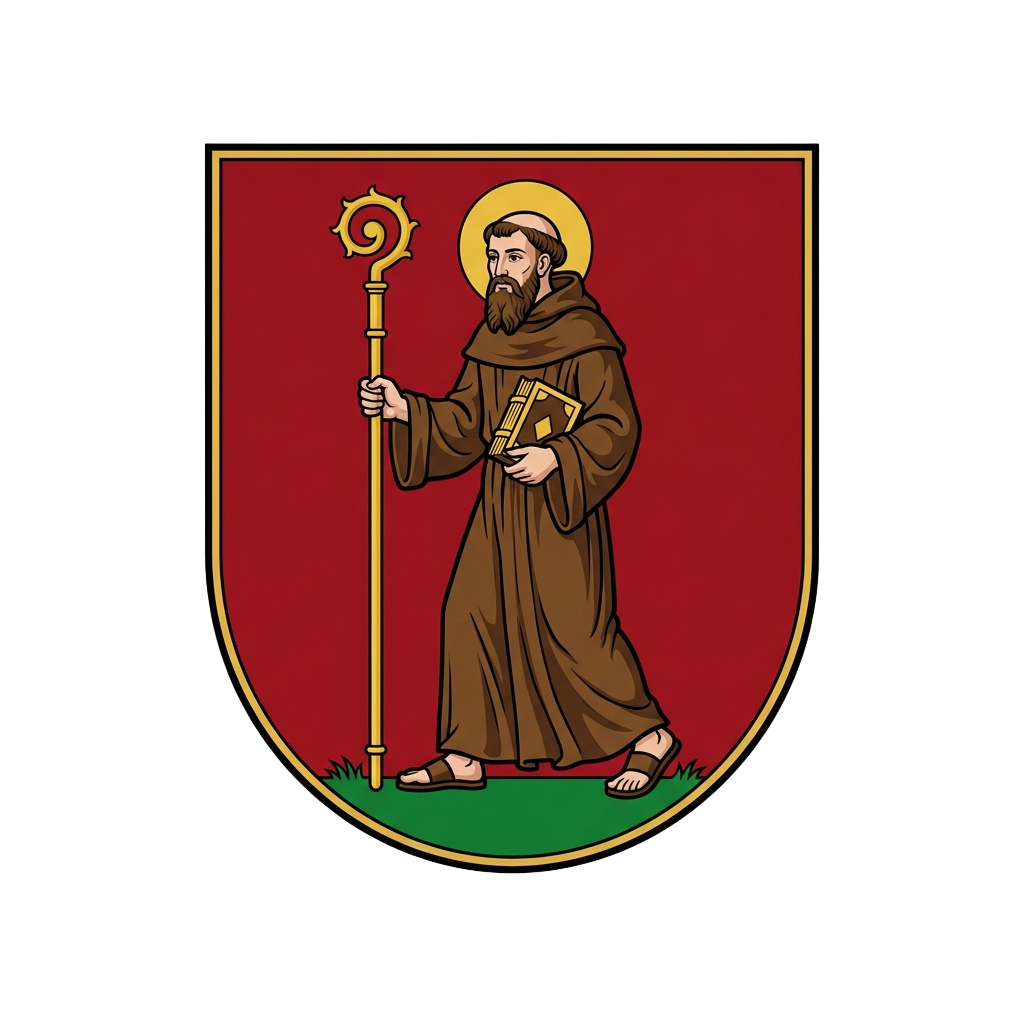 Illustration of a robed monk saint holding a staff and book on a red shield with a halo around his head