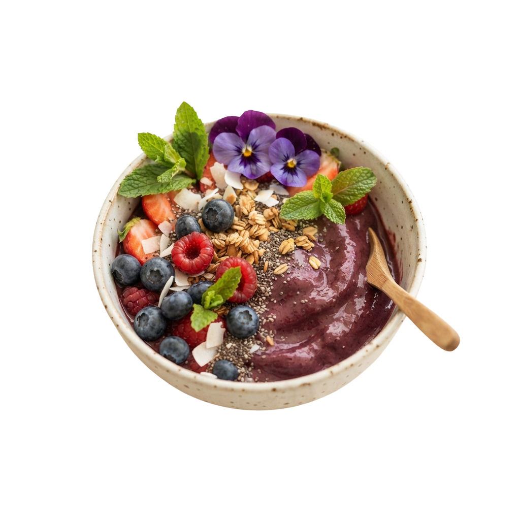 A white bowl filled with a dark purple acai mixture topped with berries, coconut flakes, granola, and flowers on a black background