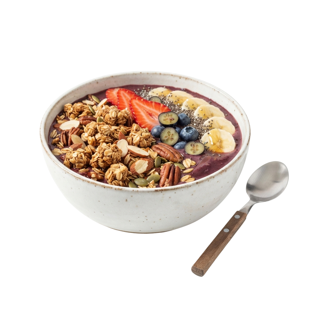 A white bowl filled with a purple smoothie base topped with granola, nuts, seeds, strawberries, blueberries, banana slices, and kiwi slices.