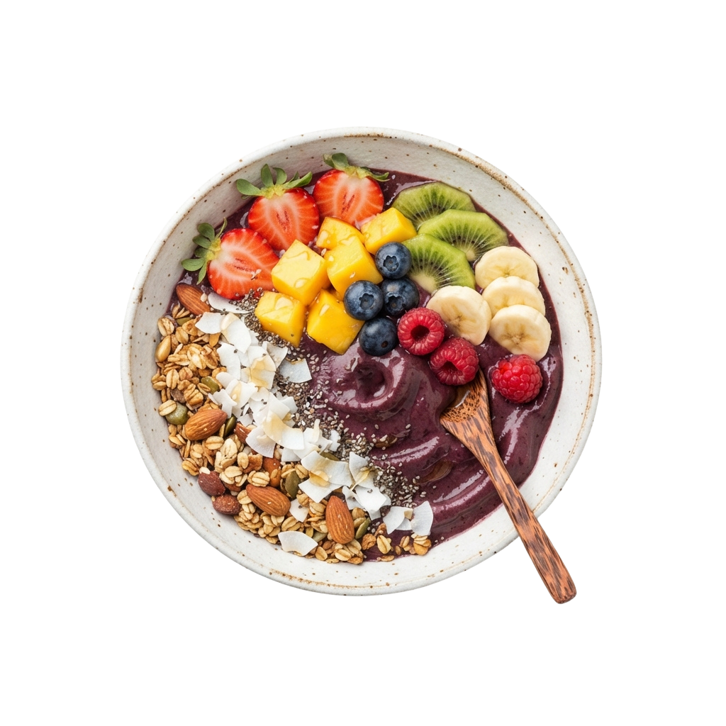 A vibrant acai bowl topped with strawberries, kiwi, blueberries, raspberries, banana, pineapple, almonds, and granola in a white bowl