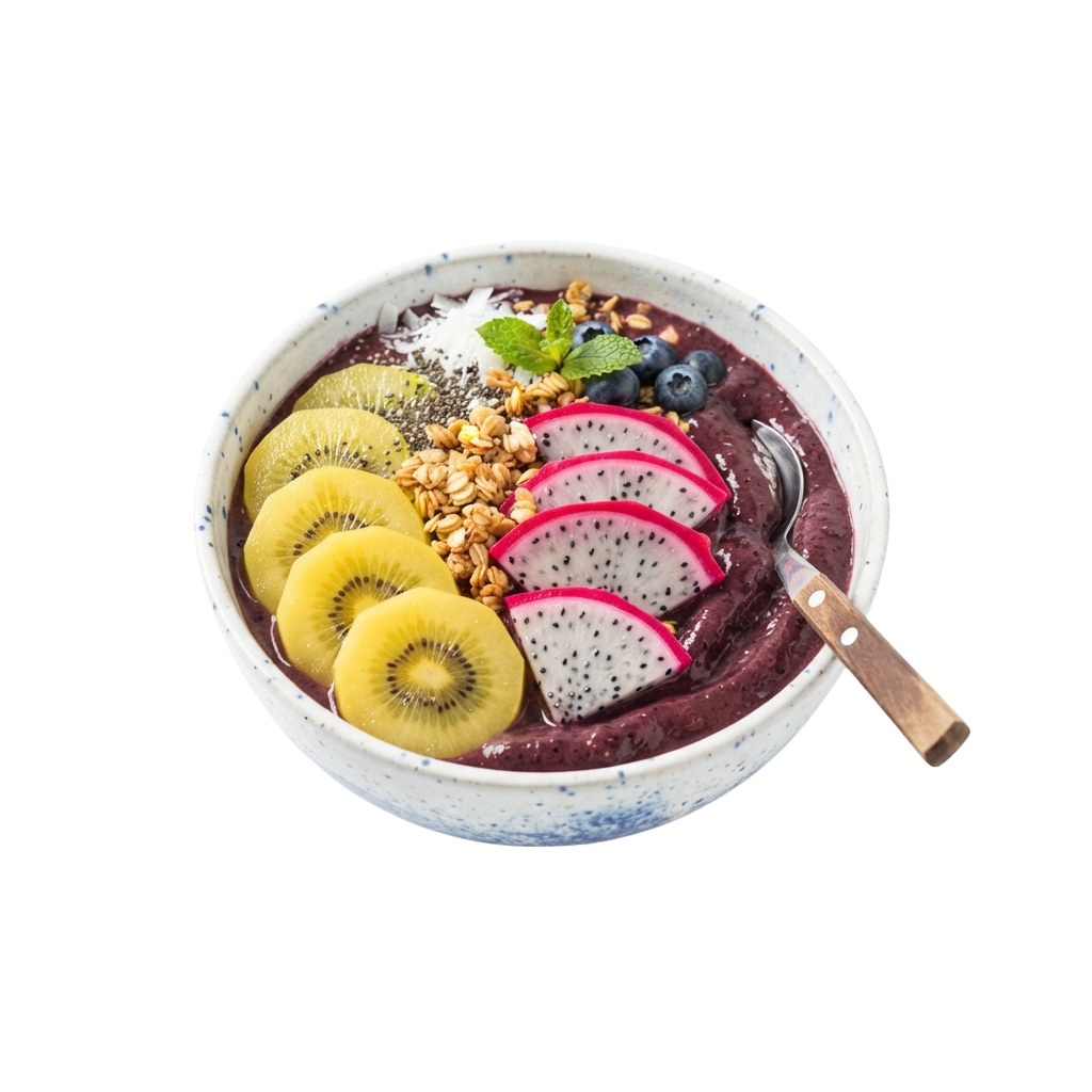 A vibrant acai bowl topped with kiwi slices, dragon fruit, blueberries, granola, and mint leaves in a white bowl with a spoon