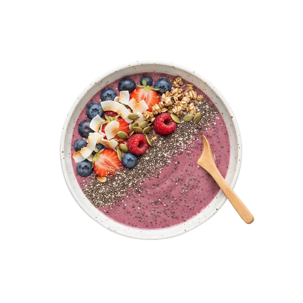 A bowl of purple berry overnight oats topped with blueberries, raspberries, coconut flakes, pumpkin seeds, and granola