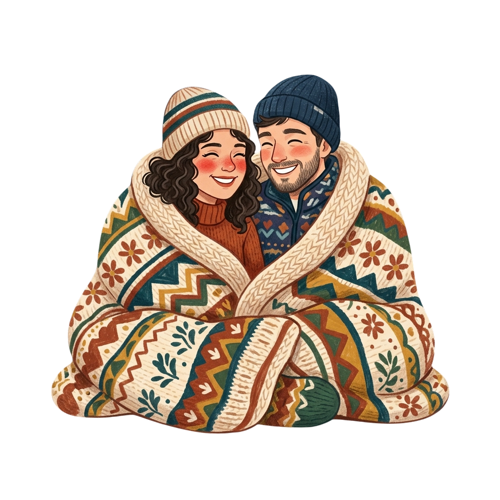 Two people smiling while wrapped in a colorful, patterned blanket and wearing winter hats.