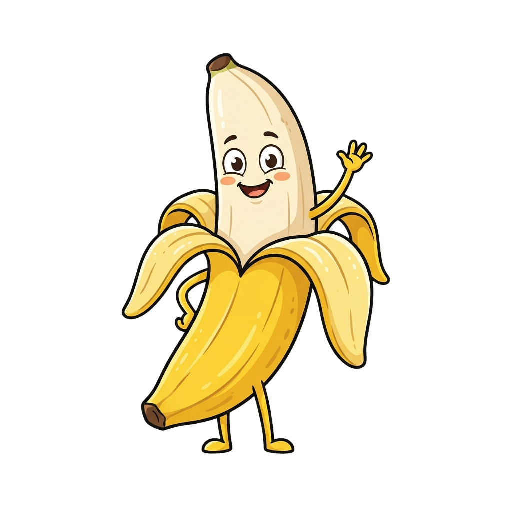 A cheerful cartoon banana with eyes, a smile, and arms waving happily