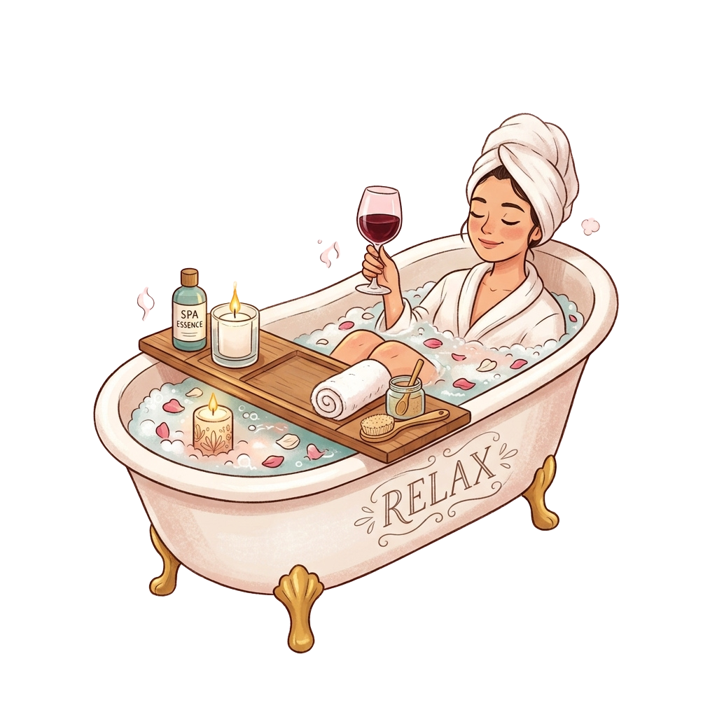 A person relaxing in a bathtub filled with bubbles, holding a glass of wine, surrounded by spa items like candles and essence bottles