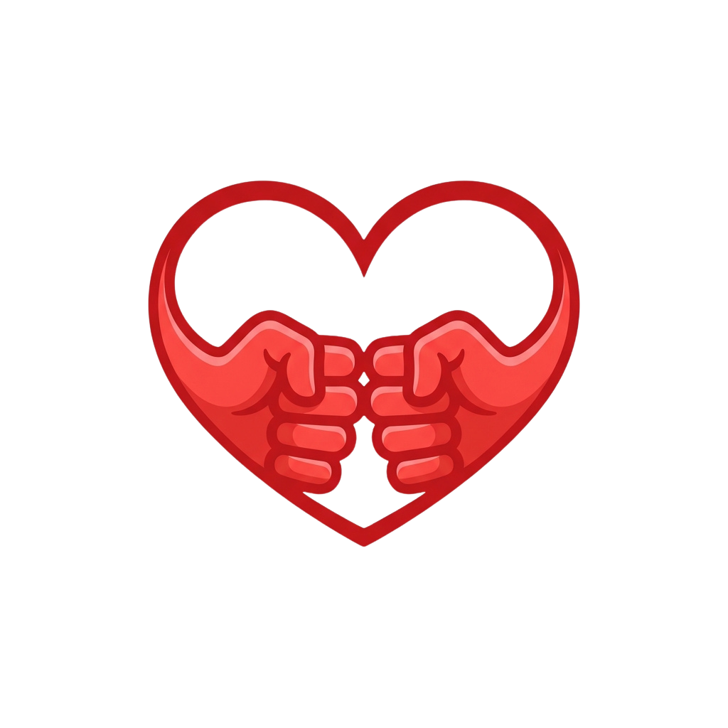 Two red hands clasped together creating a heart shape against a black background