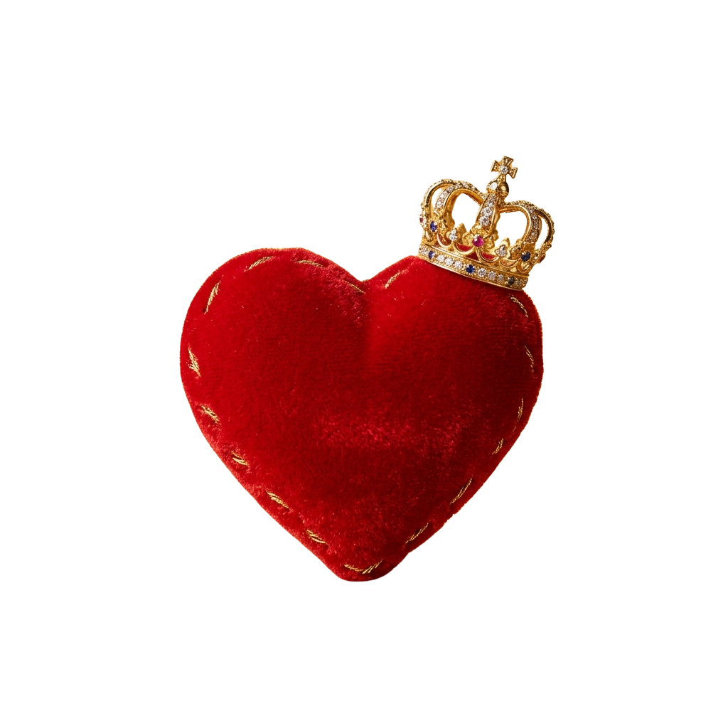 A red velvet heart-shaped object with a golden crown on top against a black background