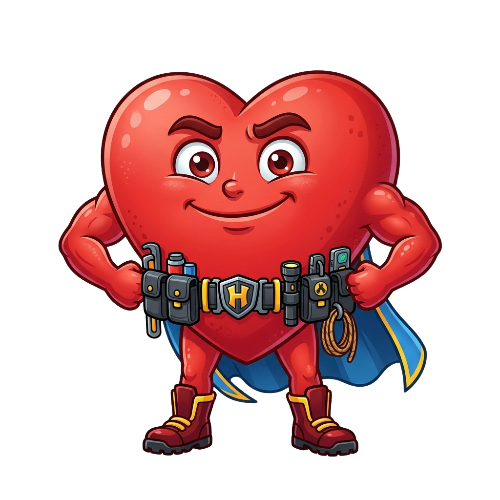 A smiling cartoon heart character with muscular arms, wearing a utility belt with tools and a shield, dressed in a blue cape and red boots.